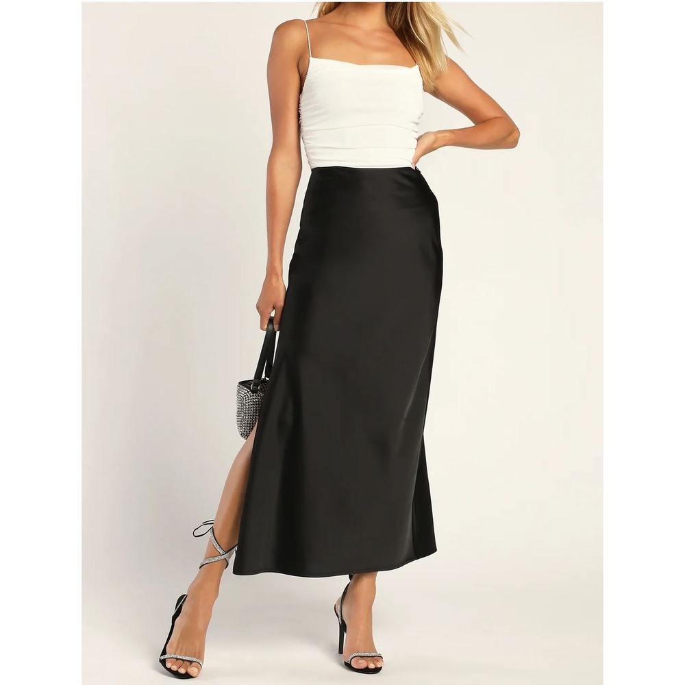 LULUS Smooth Sophistication Black Satin Midi Skirt Side Slit‎ High Waisted M NWT